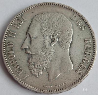 Stříbrná mince 5 Frank 1873 Leopold II. Belgie