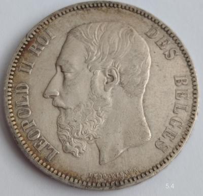 Stříbrná mince 5 Frank 1873 Leopold II. Belgie