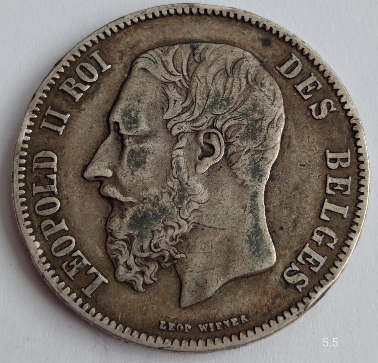 Strieborná minca 5 Frank 1868 Leopold II. Belgicko - Numizmatika
