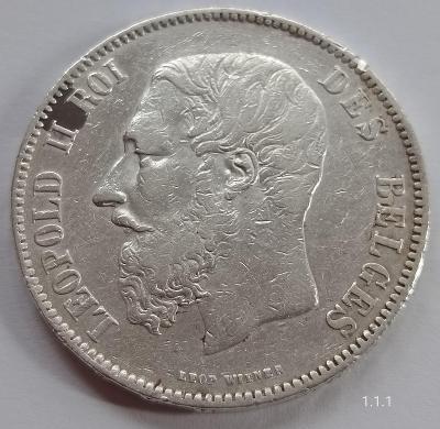 Stříbrná mince 5 Frank 1870 Leopold II. Belgie