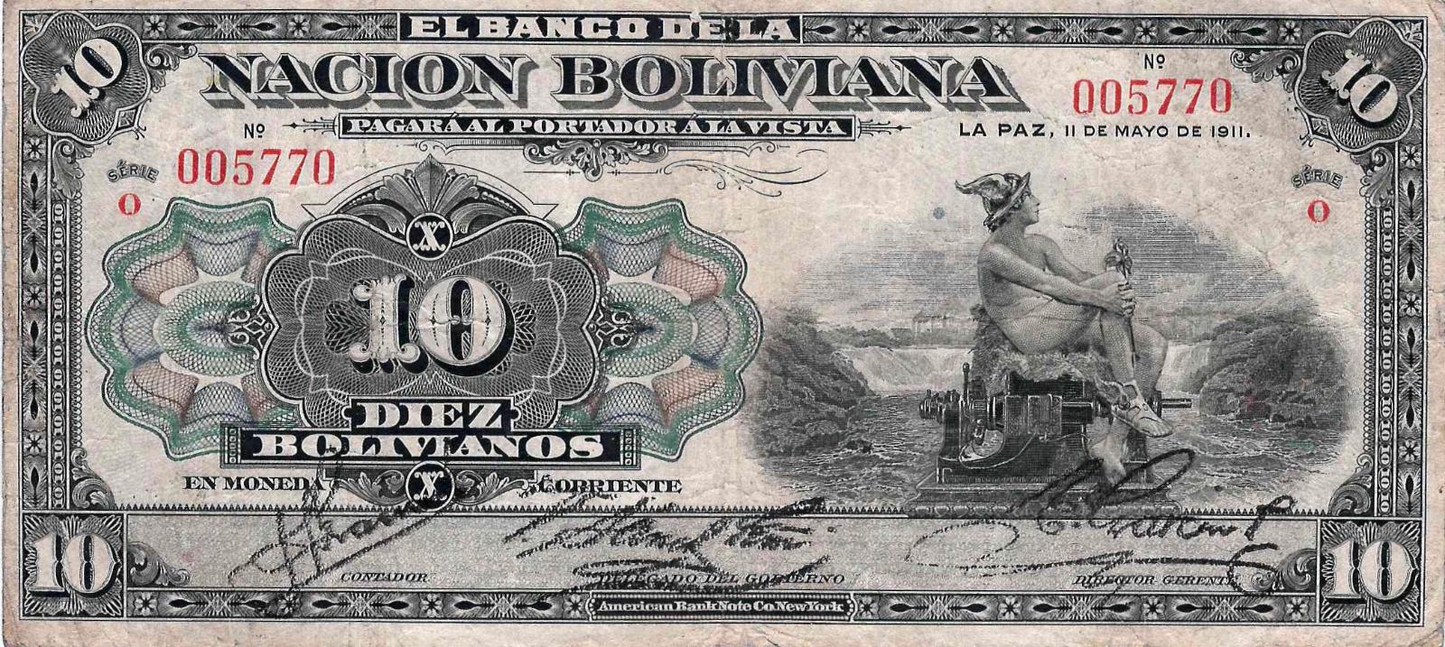Bolívia, 10 Bolivianos, 11.5.1911, Pick 107b, VF - Zberateľstvo