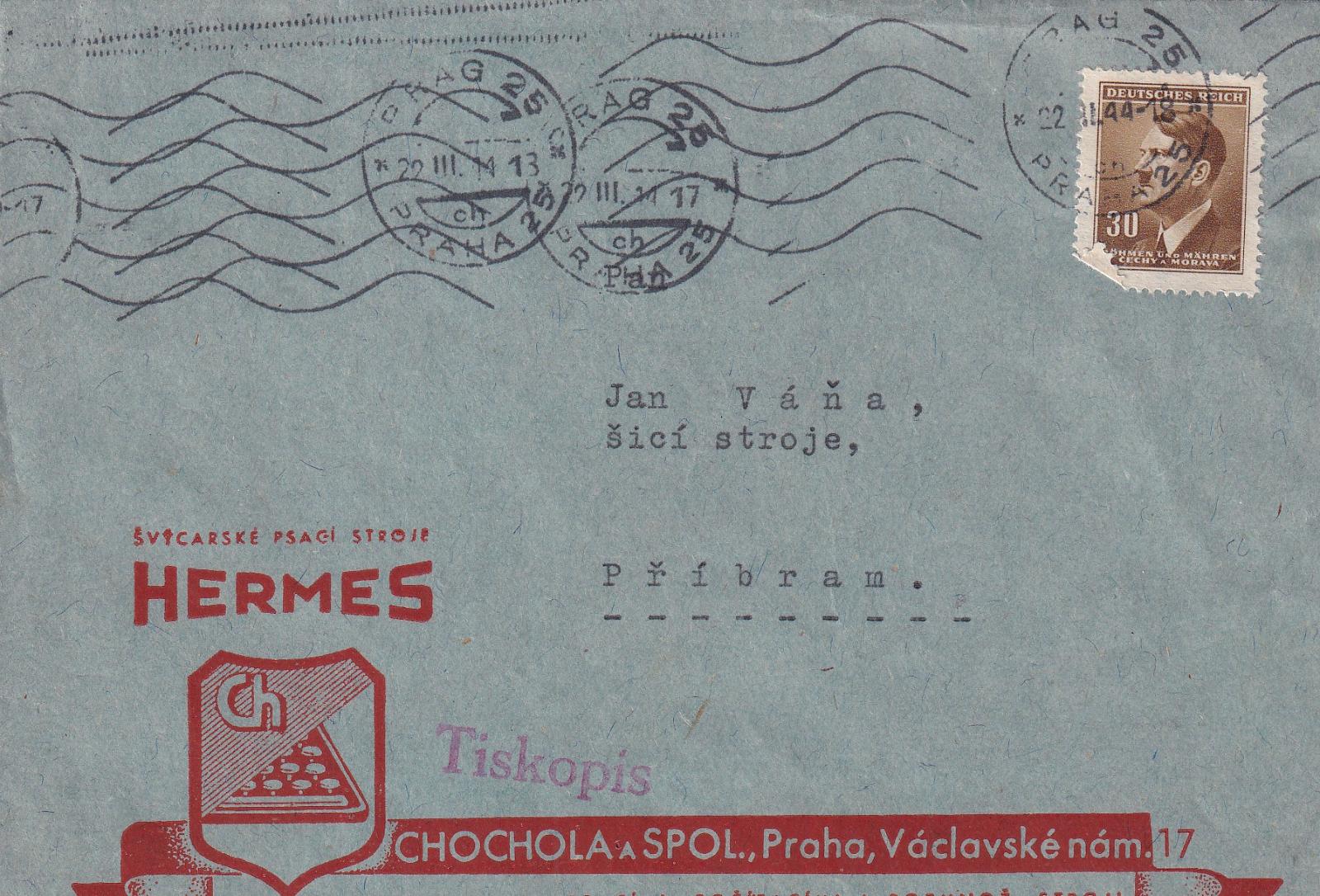 Obálka HERMES Chochola-písacia,počítacia a rozmnož.stroje,r.1944 - Zberateľstvo