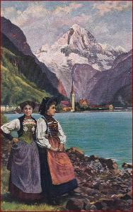 Kroje (etnografie) * žena, typ lidí, jezero, hory, Švýcarsko * M6580