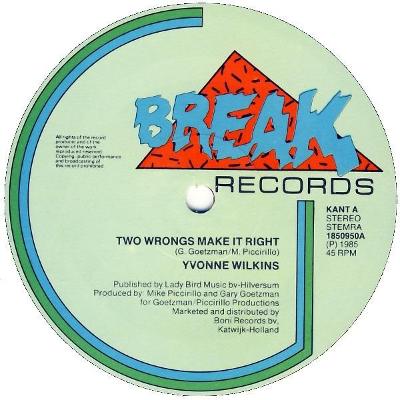LP YVONNE WILKINS- Two Wrongs Make It Right  (12''Maxi Single)