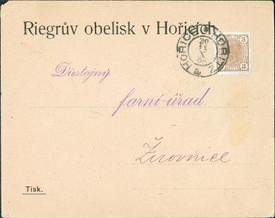 13B2914 Obálka Riegrův obelisk Hořice - farní úřad Žirovnice 1906 - R!