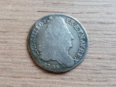 Stříbrná mince 1/8 Ecu 1705 stříbro Ludvík XIV Francie Evropa originál