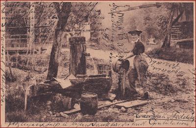 Žena * studna, sud, práce, krajina, venkovský motiv * M6187