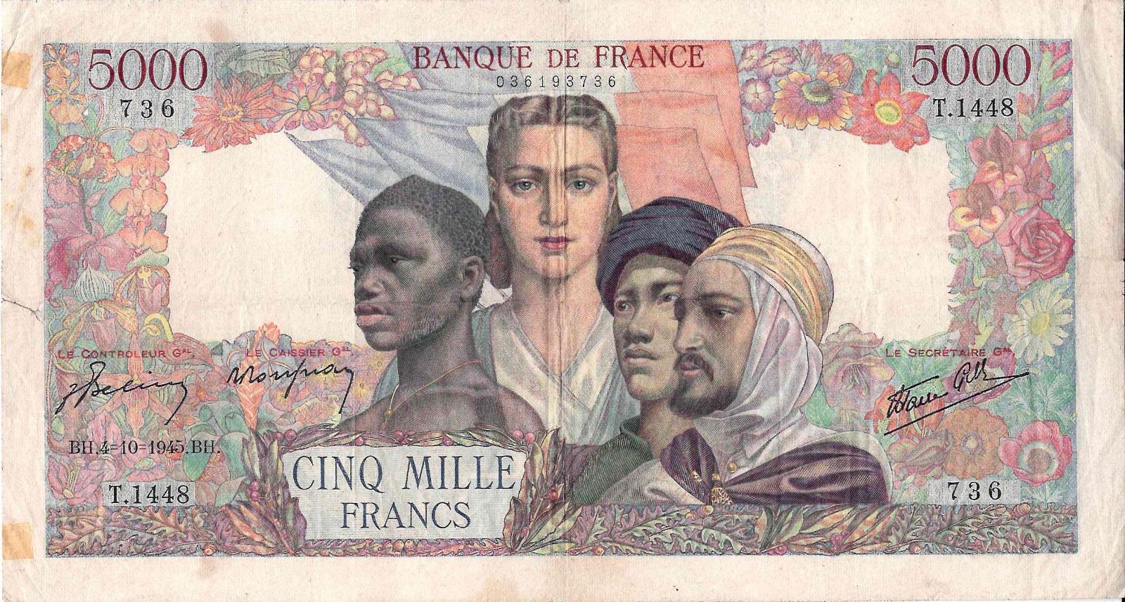 Francúzsko, 5000 frankov, 4.10.1945, Pick 103c, VF, natrž. - Bankovky