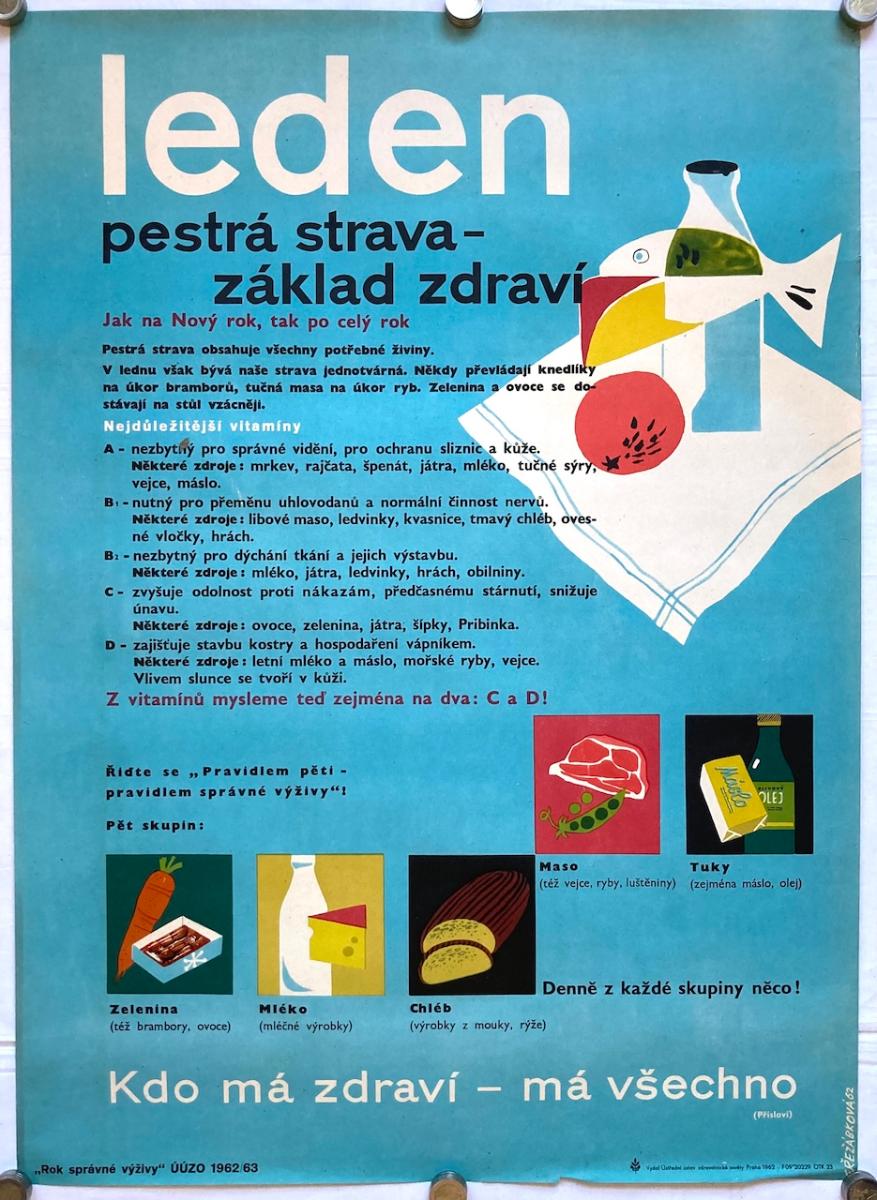 Január - E. Řežábková - Rok správnej výživy - Plagát - r. 1962, 81x57cm - Starožitnosti a umenie