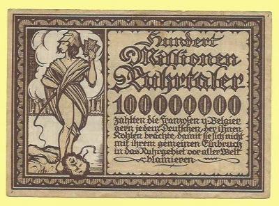 Posměšná bankovka na inflaci - 100.000.000 Ruhrtaler