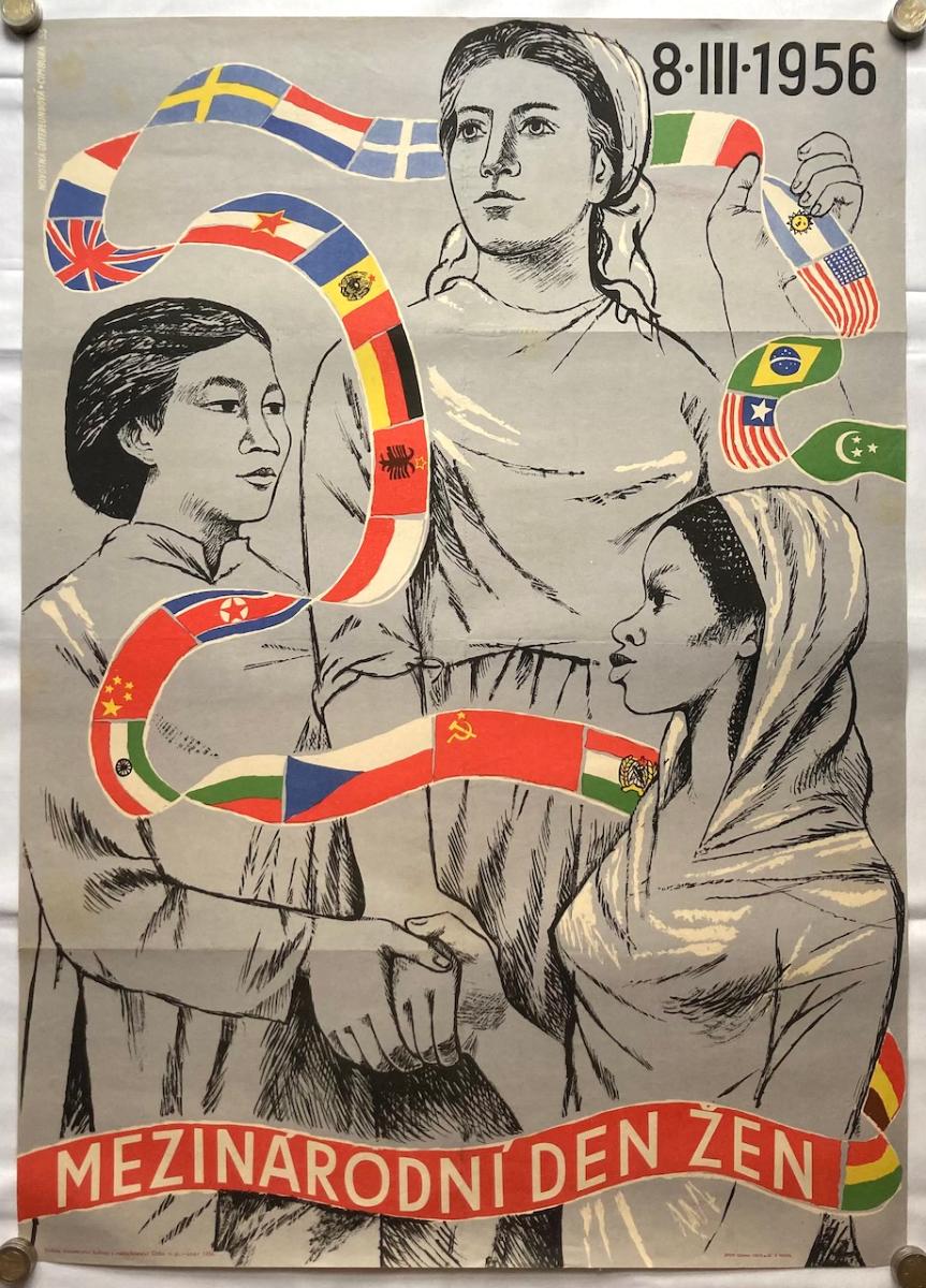 Plakát - Gutfreundová - Cimbura- Mezinárodní den žen -1956 - 83x59,5cm - Starožitnosti a umenie