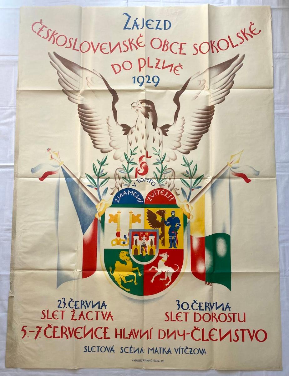 Plakát - Bohumil Krs - Zájezd Obce Sokolské do Plzně - 1929 - 136x99cm - Starožitnosti a umenie