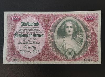 5000 Kronen 1922, Rakousko, pěkný stav, série 1061