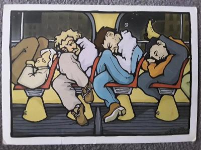 Pohlednice Hadí muži v noční tramvaji (kresba Ken Nash)