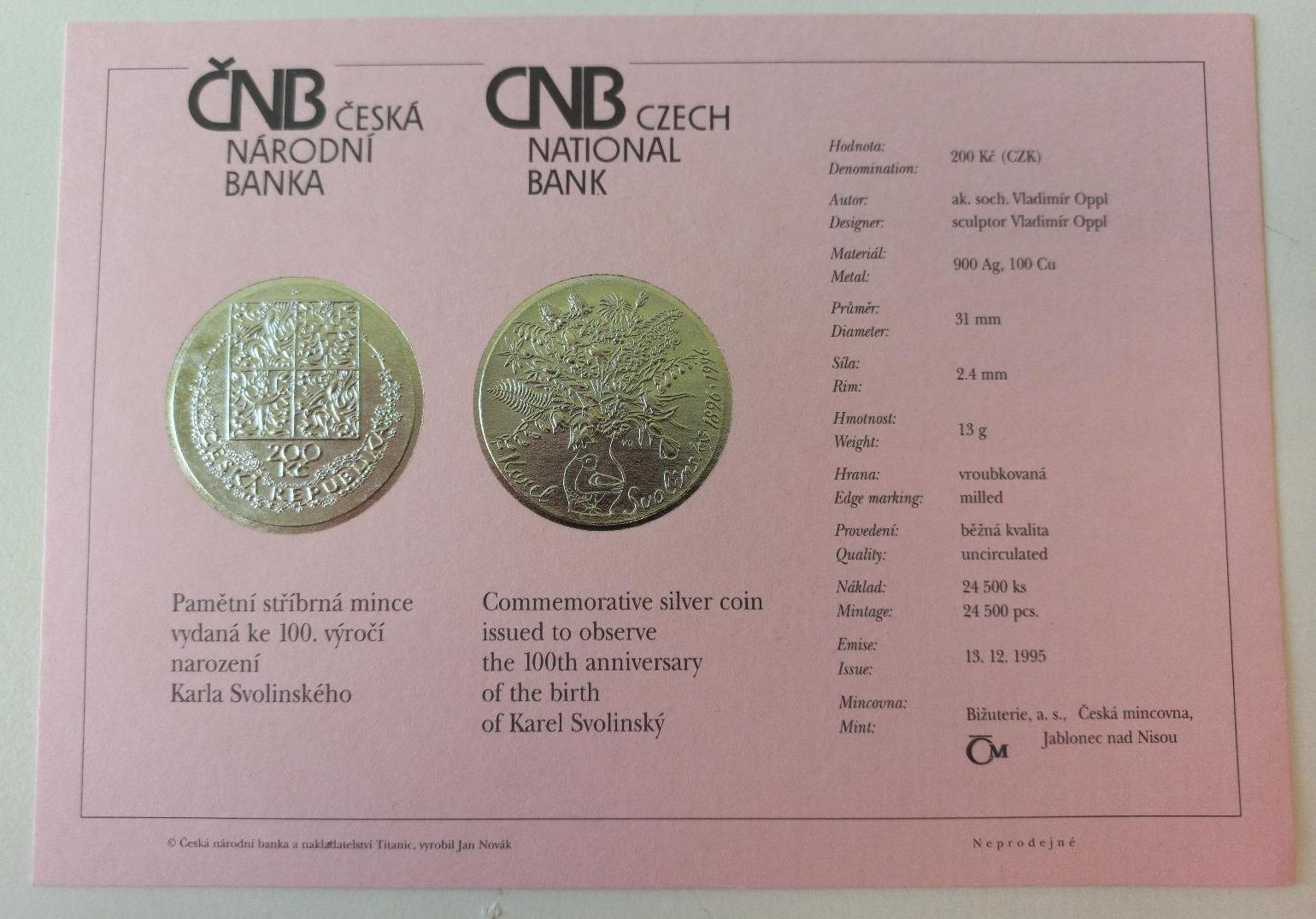 Certifikát: Pamätné mince 200kč / narodenie Karla Svolinského - Zberateľstvo