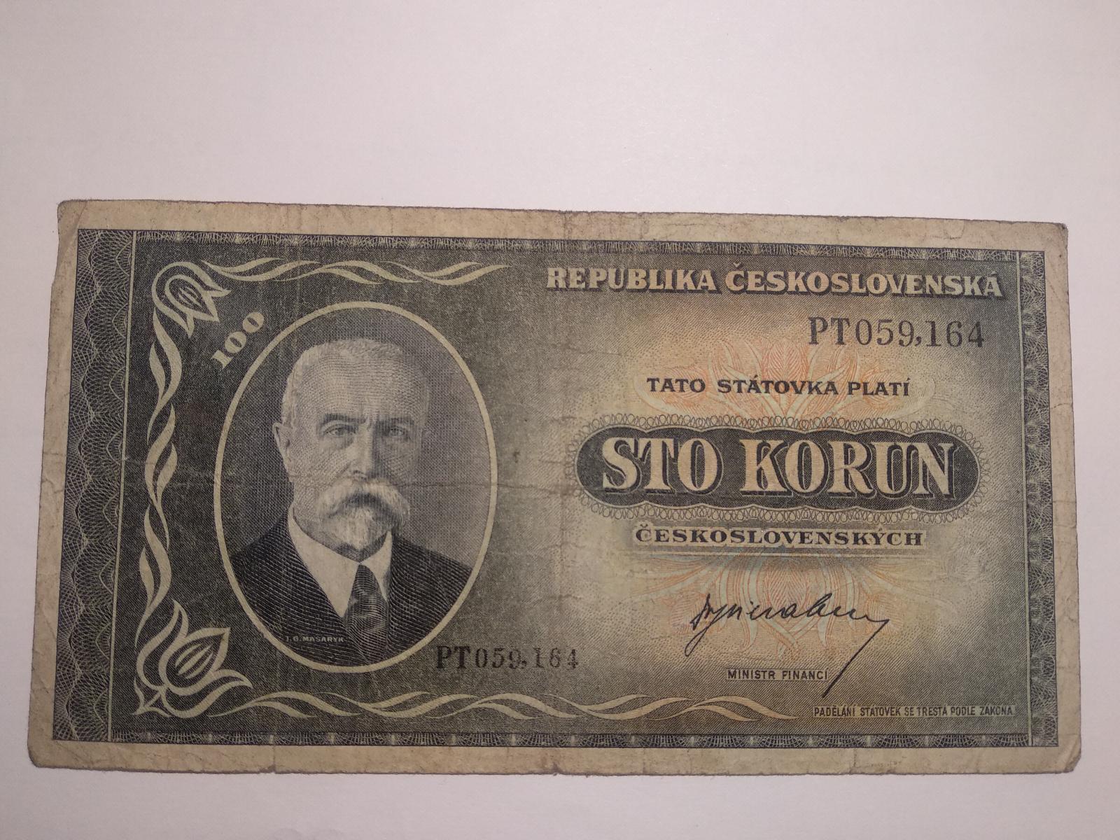 100 Kčs Korún 1945 séria PT neperforovaná - Bankovky