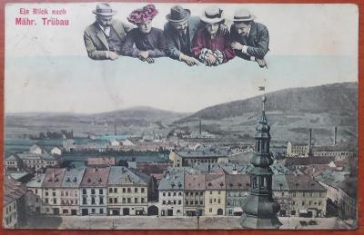 Moravská Třebová - hezká koláž s lidmi a pohled na město - 1906