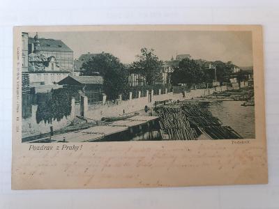 Praha, Podskalí, nábřeží, radnice, kostel, vory na Vltavě, DA, RU,1899