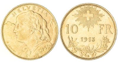 Zlatá mince, 10 frank 1913 B