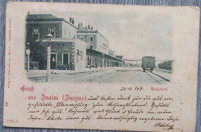 Znojmo - Znaim - nádaží, koleje, vagón - dlouhá adresa - 1897!