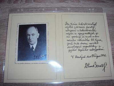 Edvard Beneš - podpis na fotu 28. října 1941 + raritní pamětní list RR