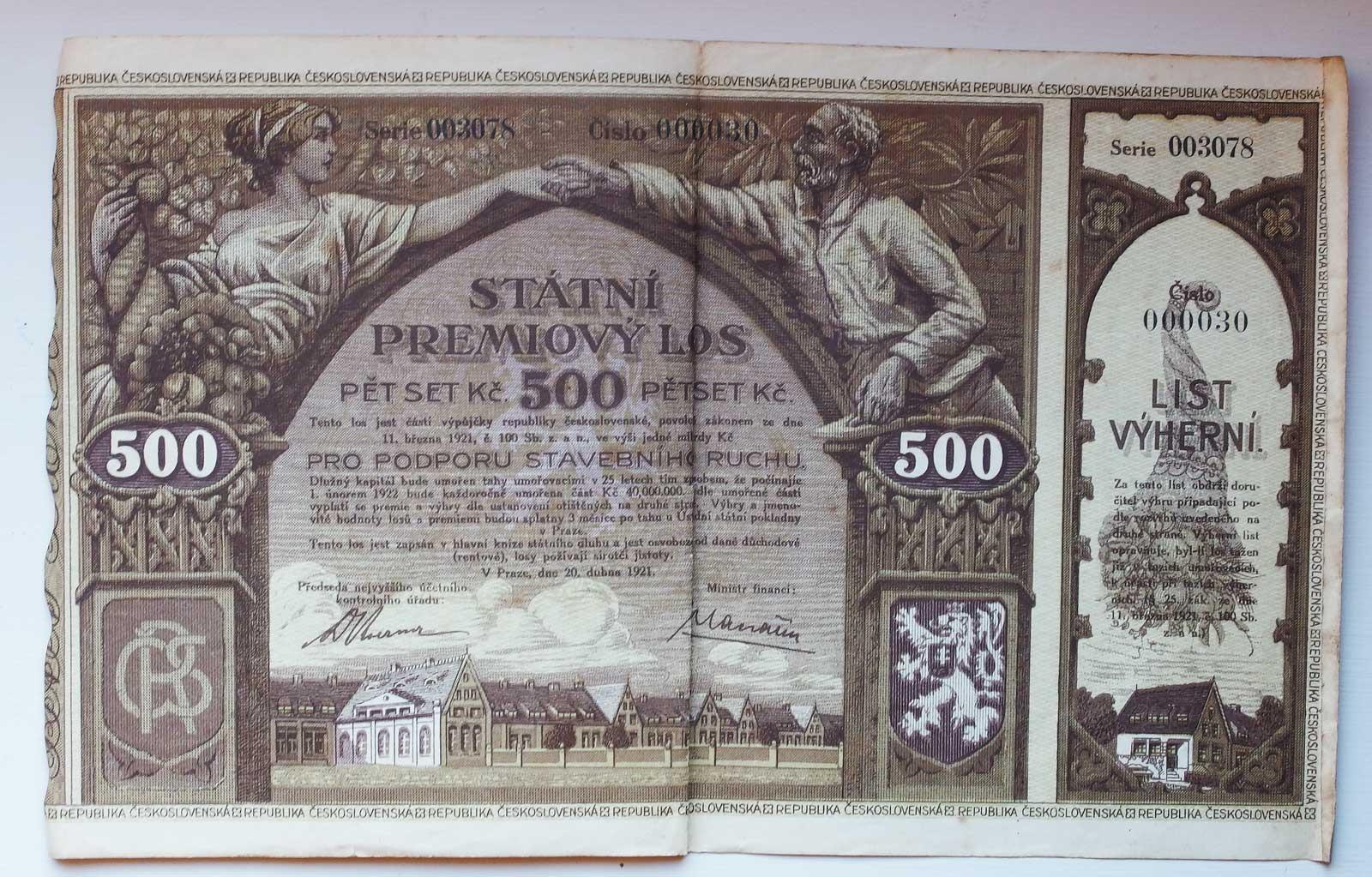 Výherný list, Štátny Prémiový žreb, 500 Kč, 1921 - Zberateľstvo