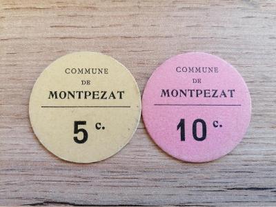 2 vzácne lokálne núdzové papierové francúzske mince 1914-24 Francúzsko