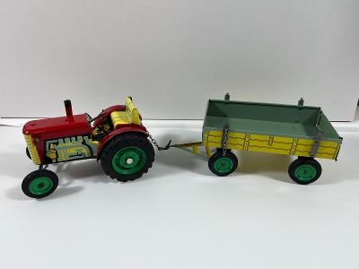 Stará hračka KADEN KDN plechový traktor + valník - vlek