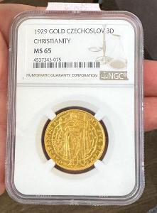 Zlatý 3 Dukát Millenium Svätého Václava 1929 - NGC MS 65 - unikát