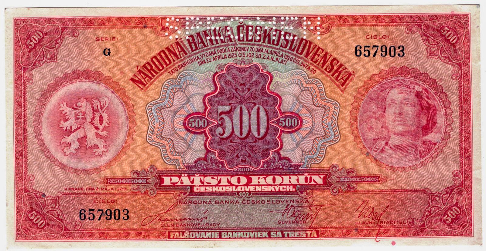 500 korún 1929, perforácia 1x SPECIMEN, séria G, luxusné ! - Bankovky