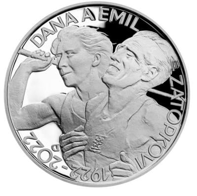 Stříbrná mince 200 Kč 2022 Dana Zátopková, Emil Zátopek proof
