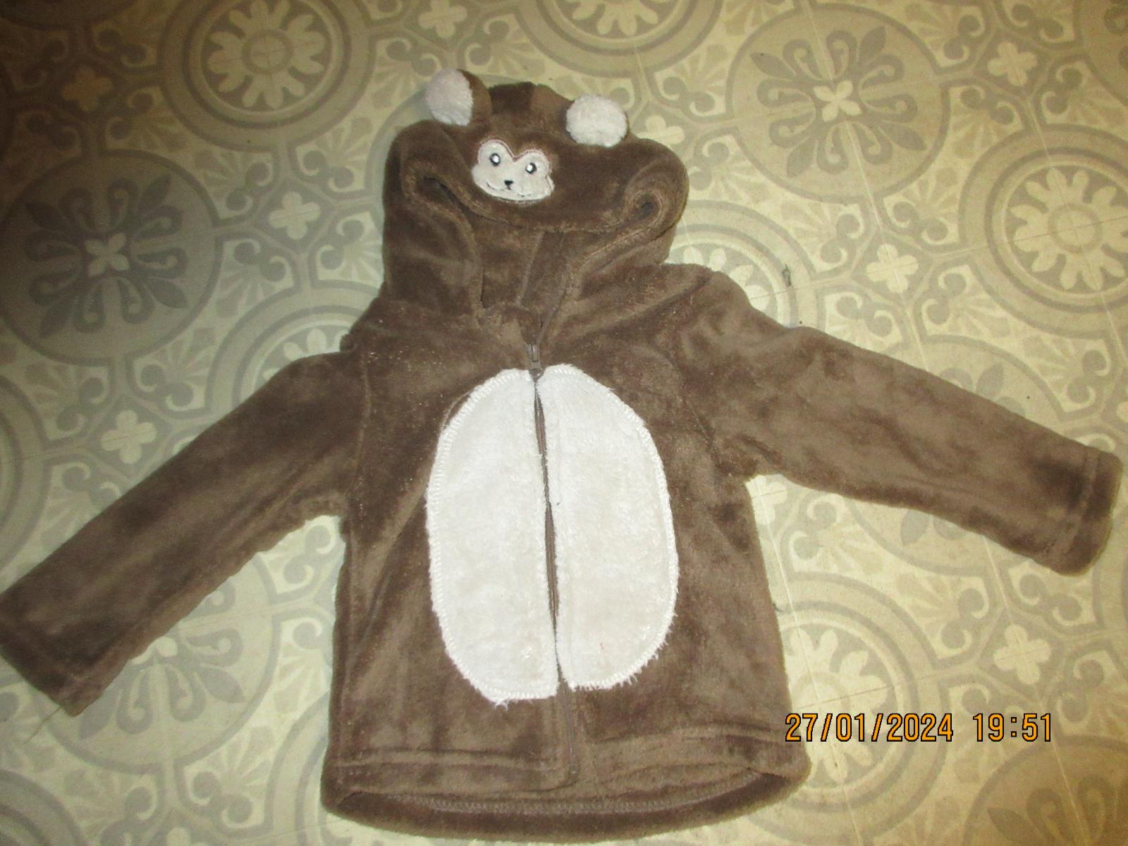 mikina detská pekná hnedá s kapucňou medvedík ona zips fleece6--9.měsíci - Oblečenie pre deti