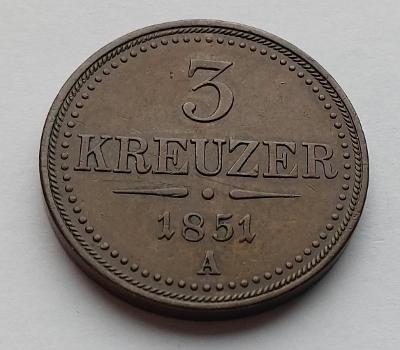 3 Kreuzer 1851 A. Vzácná. Top stav - (č.980)