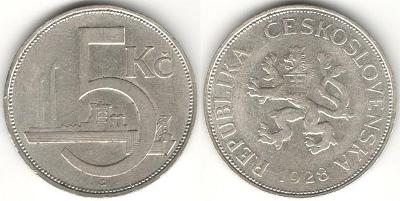 5 Kč 1928, varianta a), Ag stříbro