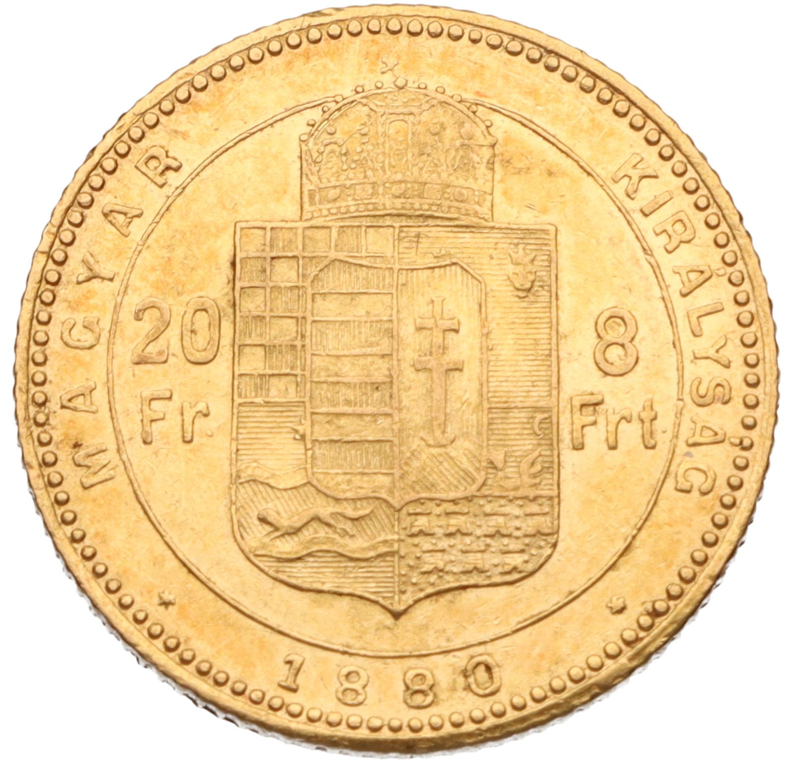 8 Zlatník / 20 Frank 1880 | Kremnica | František Jozef I. 1848 - 1916 - Numizmatika