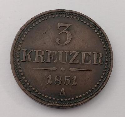 3 Kreuzer 1851 A. Vzácná - (č.981)