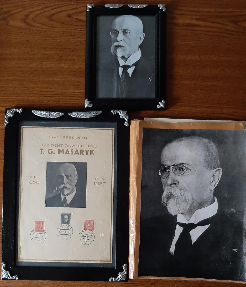 Zbierka - album pohľadníc, známok, 2 portréty, obálky T.G.M. - Pohľadnice miestopis