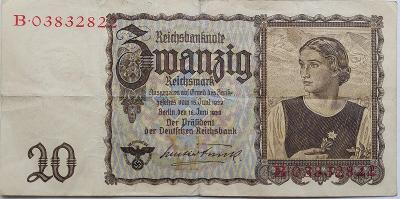 Bankovka 20 Reichsmark 1939 serie B! Německo platná i na našem území.