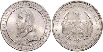 5 Reichsmark 1927 F Uni Tübingen unc