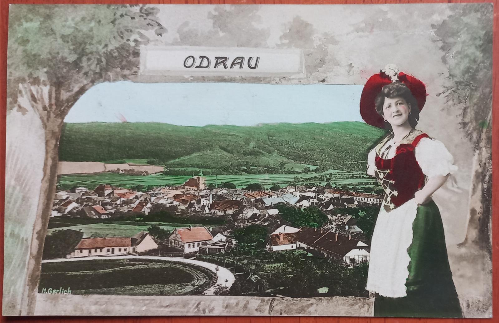 Odry - Odrau - krásna koláž so ženou - kolorovaná - 1910 - Pohľadnice miestopis