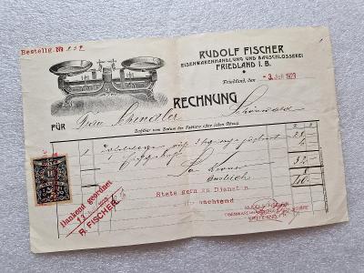 Starý reklamní účet kolek Fischer Frýdlant v Čechách 1923 váha váhy