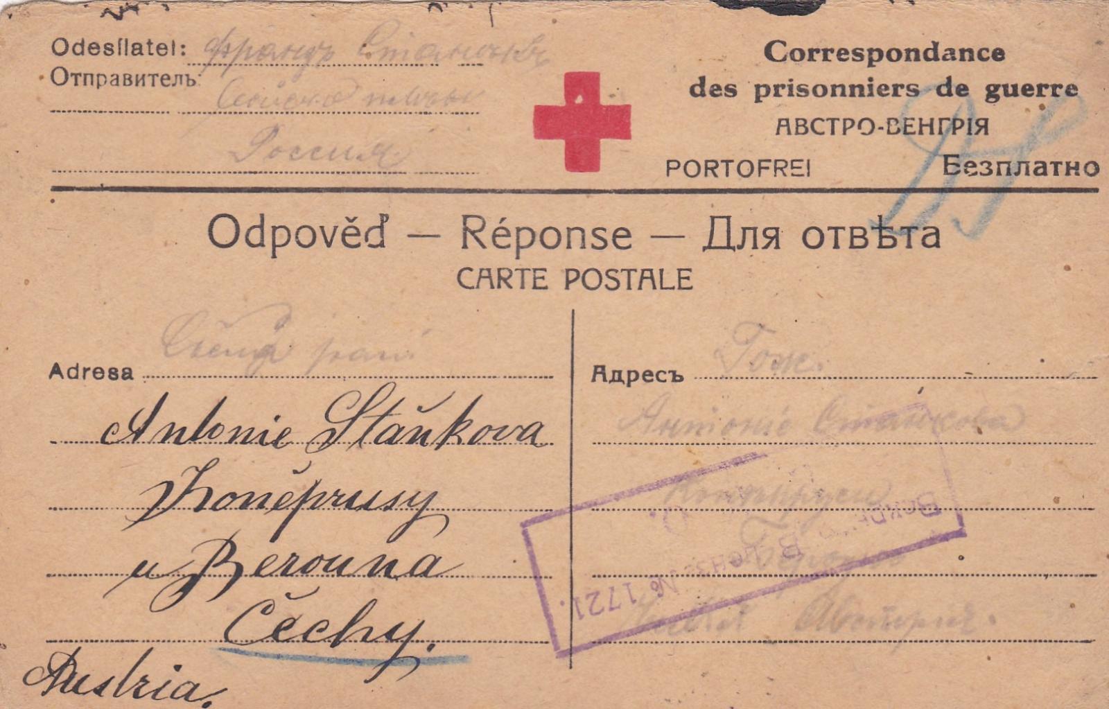Rusko, zajatecká pošta, text 18.4.1918 - Koneprusy, Beroun. - Filatelia