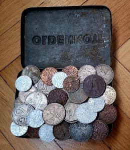 staré ČESKOSLOVENSKÉ mince po sběrateli ve starožitné plechové nádobě
