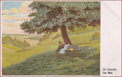Krajina * žena, muž, lavička, kaštan, stromy, umělecká * M5348