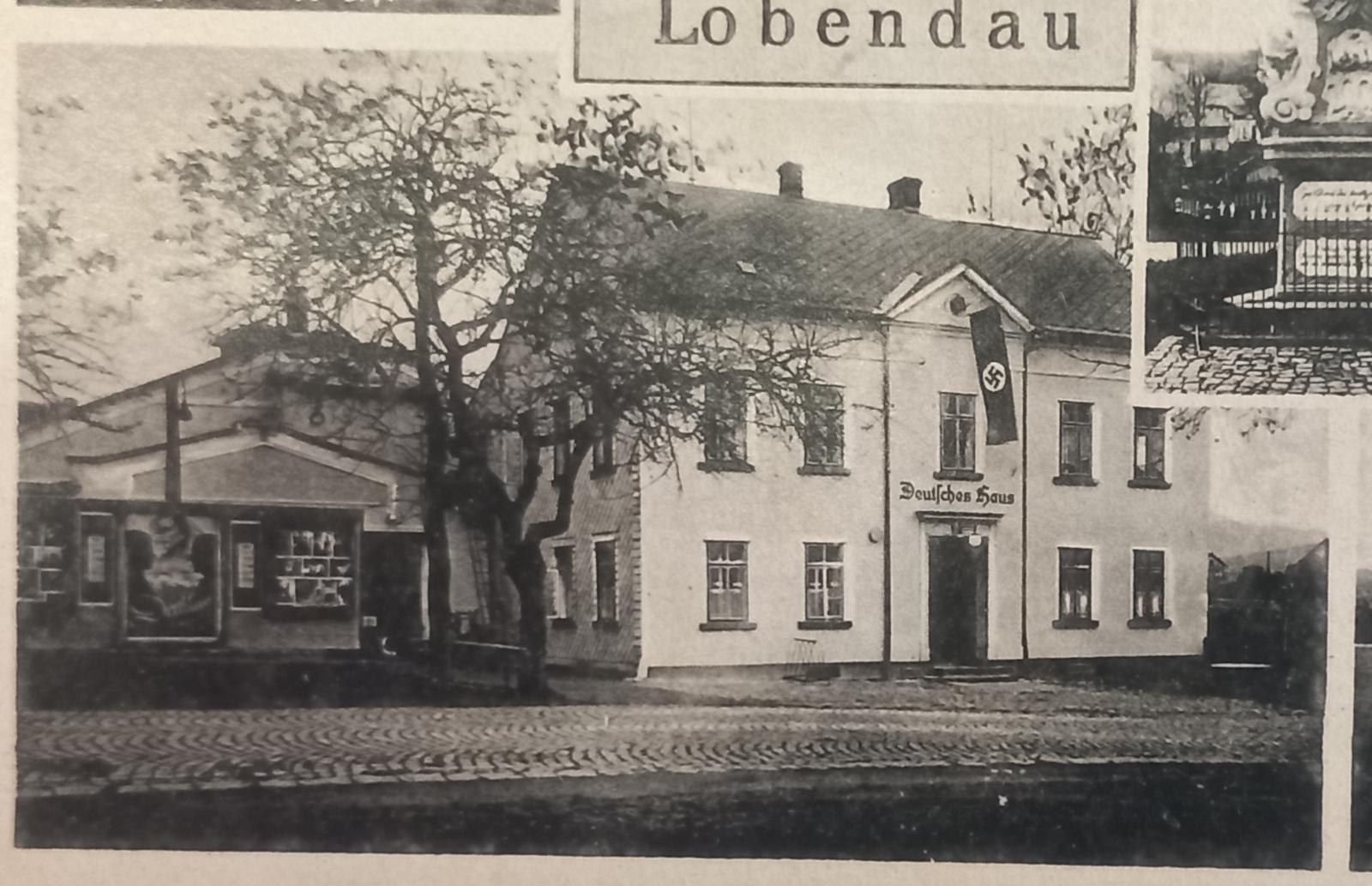 Lobendava - Lobendau - nazi vlajka Deutsche haus - propaganda - 1939 - Pohľadnice miestopis
