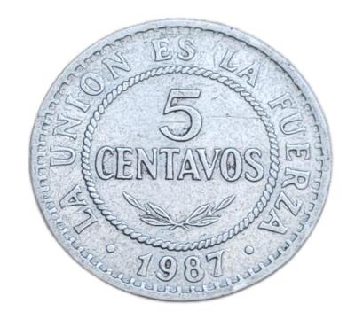 ✅Bolívia 5 centavos 1987 - Mnohonárodnostný štát Bolívia (1986 - 2018)