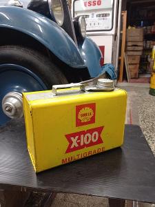 Stará plechovka od oleje SHELL 5l, kufřík X-100 s víčkem, sbírka, kufr