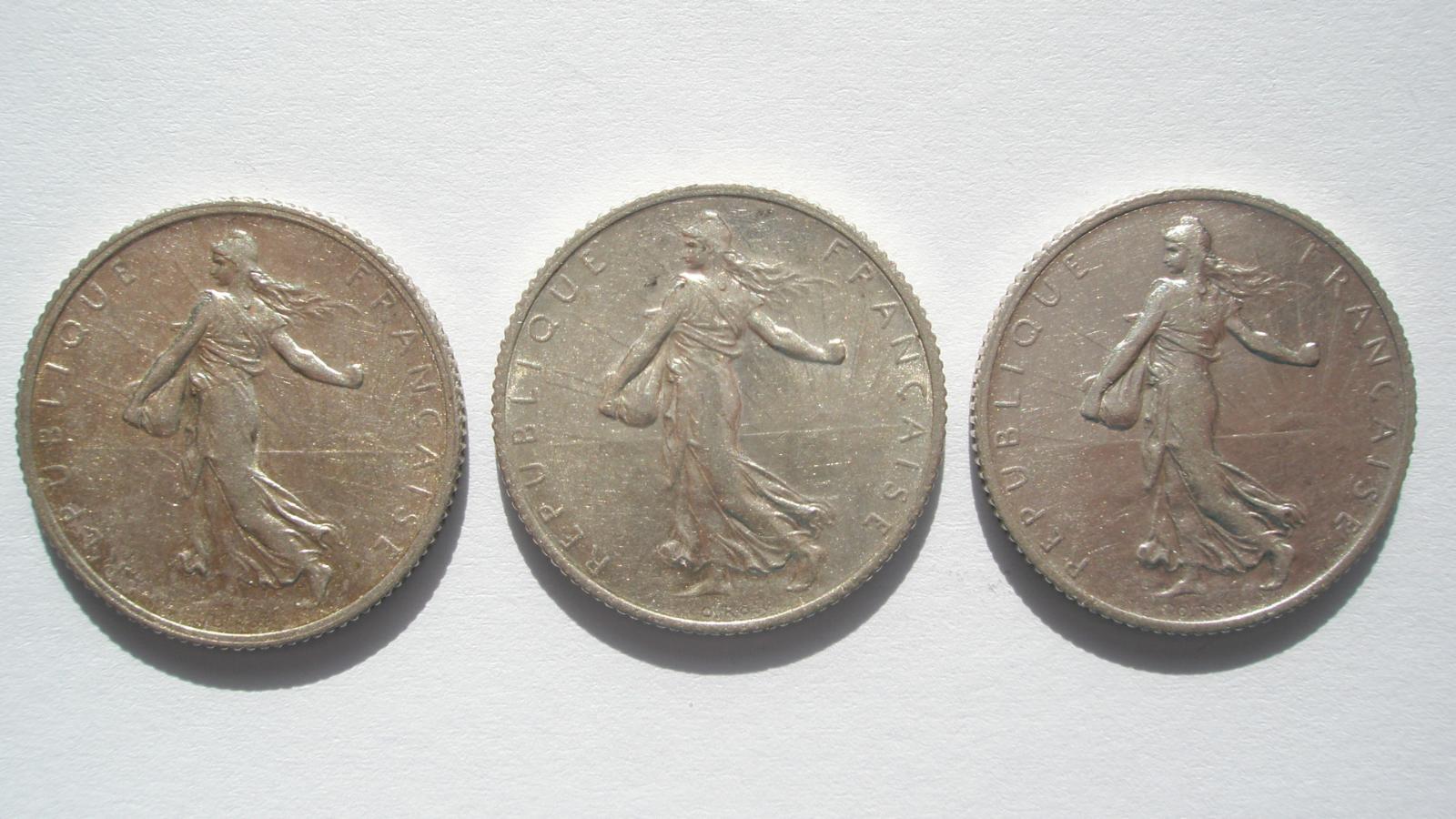 Konvolut Francúzsko 1 frank 1914 + 1917 + 1919 - Numizmatika
