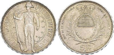 Švýcarsko 5 franků 1934 B Fribourg, Střelecký festival, UNC stav
