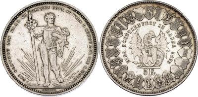 Švajčiarsko 5 frankov 1879 Bazilejský strelecký festival - aUNC